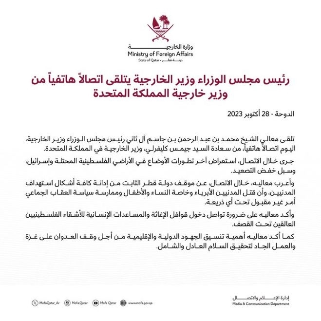 بيان وزارة الخارجية القطرية حول الاتصال 